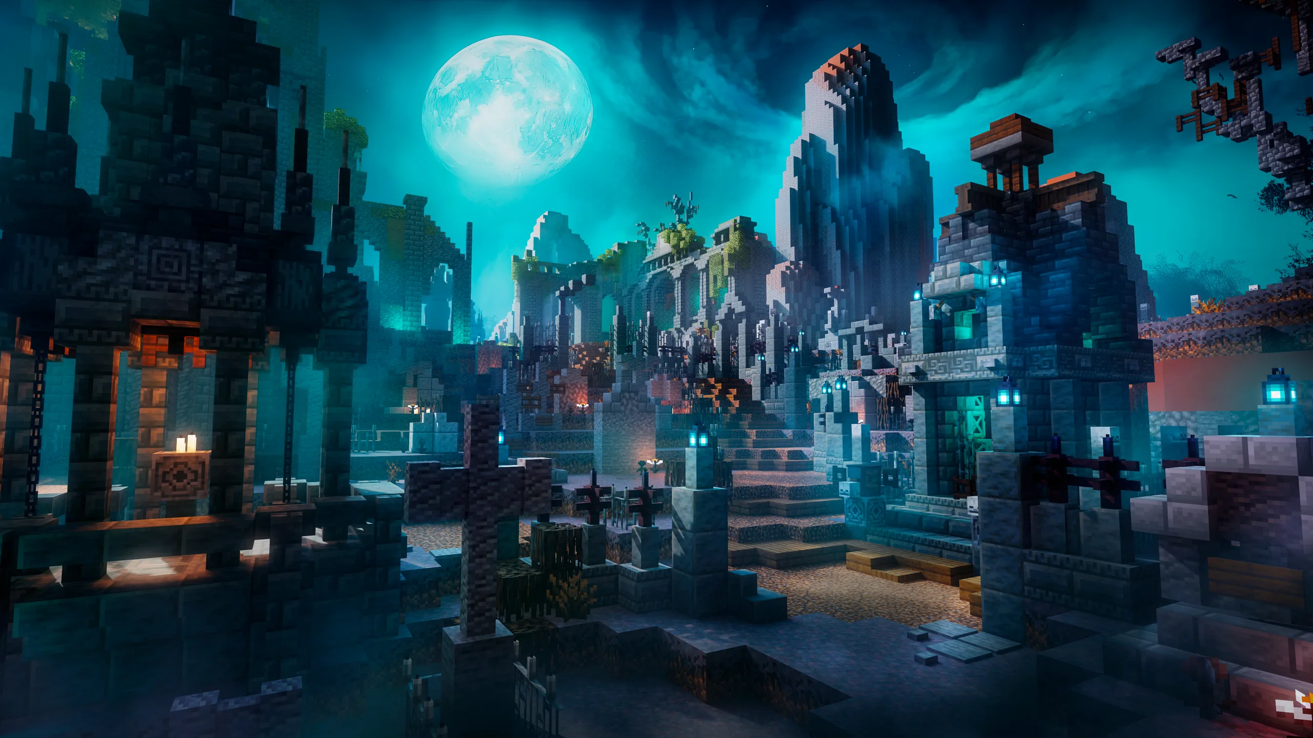 Minecraft night scene with a glowing moon over a teal-lit stone city of towers, bridges, and stepped rooftops beside dark water and cliffside terrain.