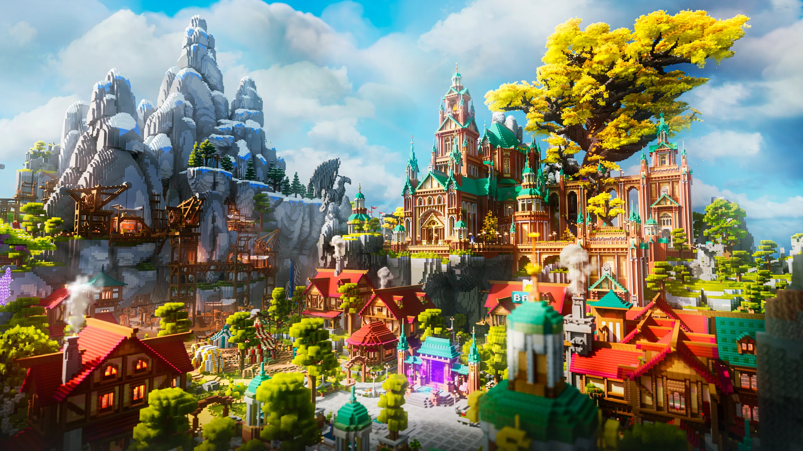 Minecraft build of a colorful village and castle complex on a lush hillside beside a snowy mountain, with red roofs, teal towers, and a huge golden tree under a bright sky.