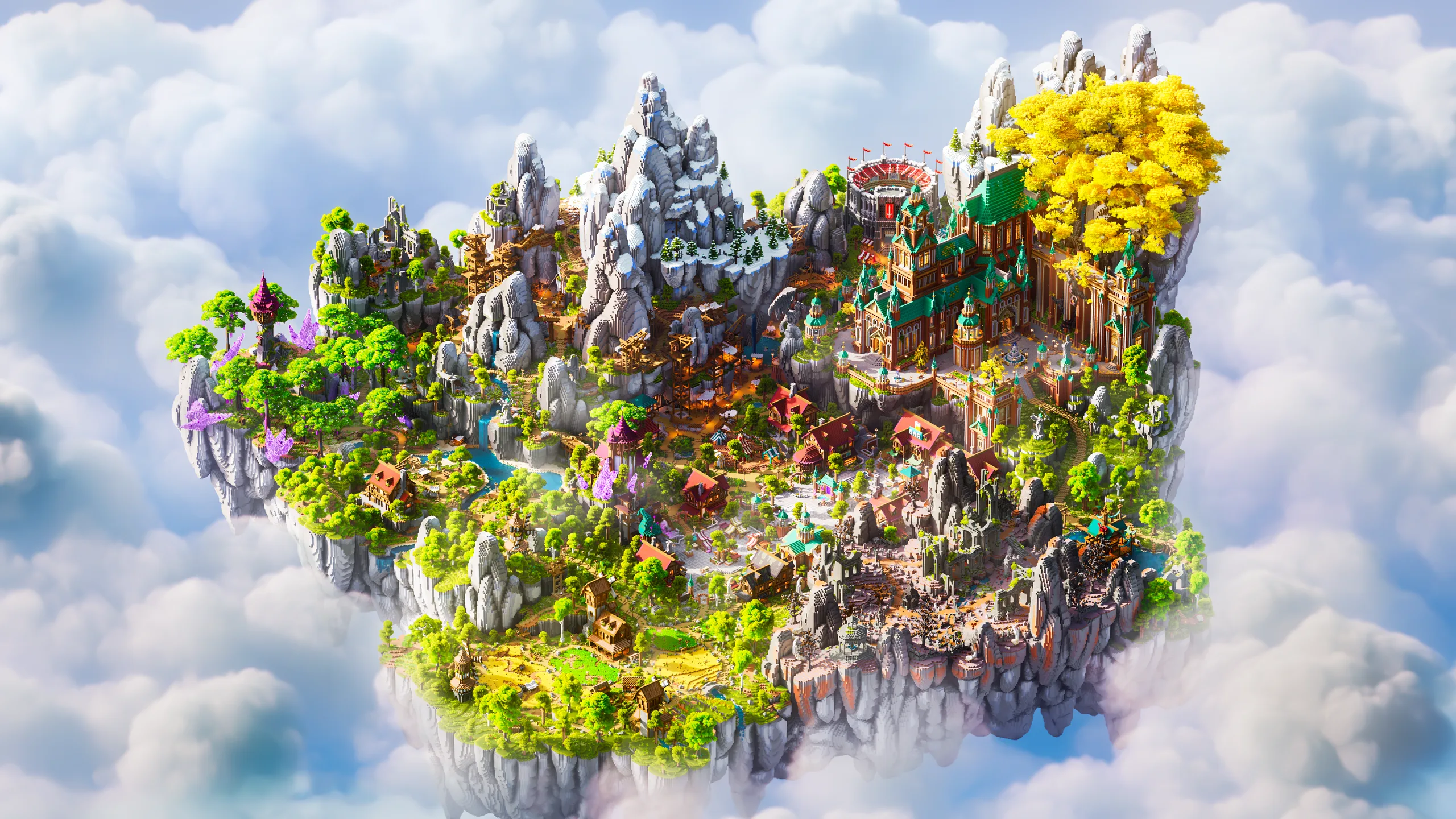 Minecraft floating island with steep gray cliffs, snowy peaks, and dense greenery, centered in a cloudy sky. Bright yellow and purple trees, small builds, and terraced paths add vivid color across the island.