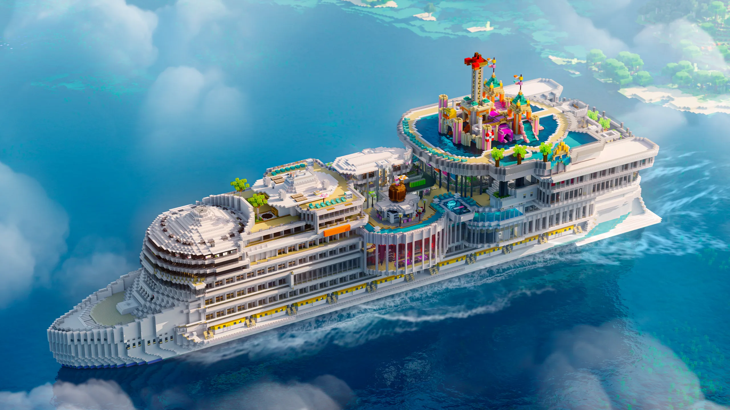 Minecraft cruise ship build floating on blue water, with a white tiered hull, glassy decks, and a colorful upper park of towers and palm-like details.