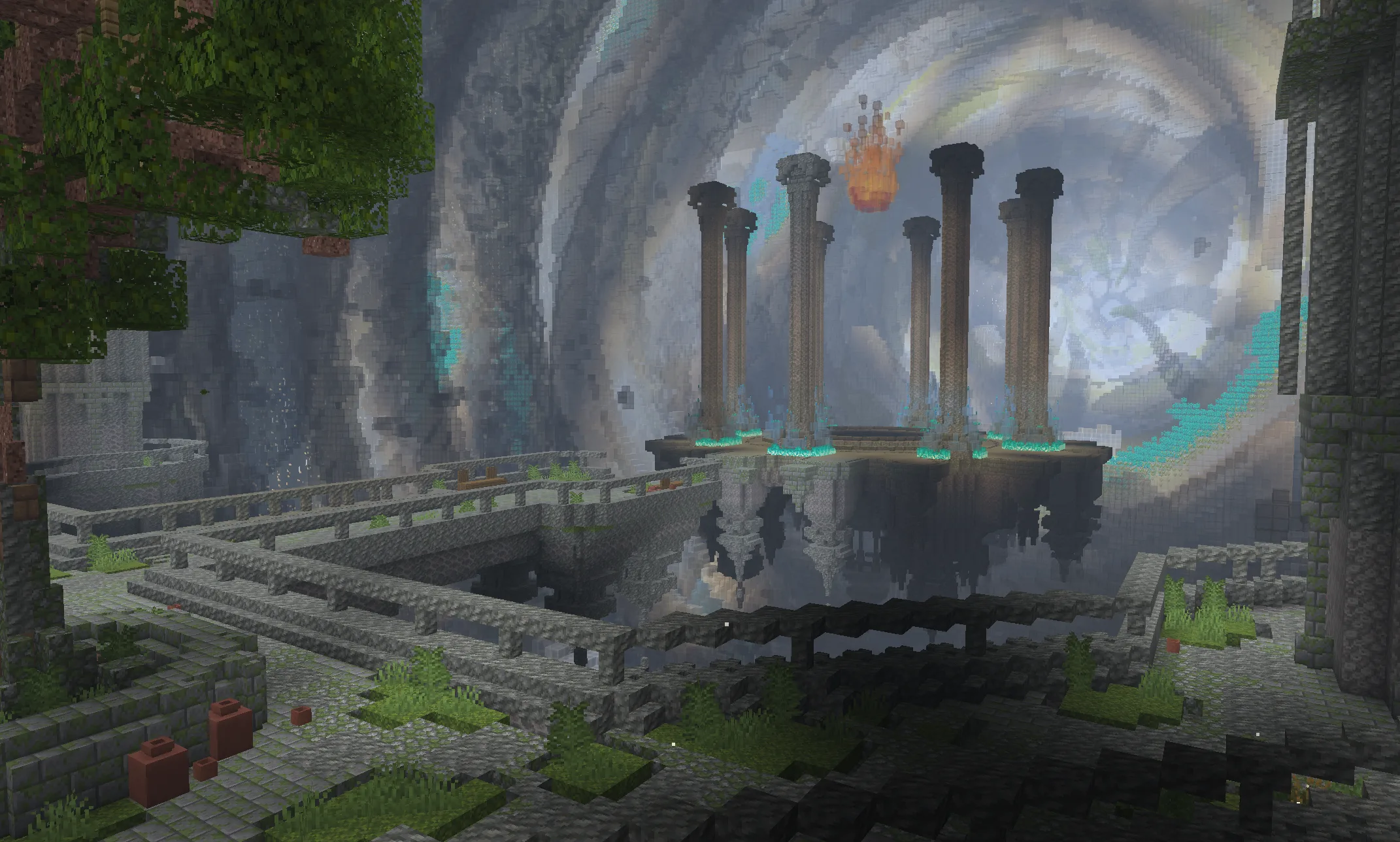 Minecraft cavern scene with a stone bridge leading to tall pillars over a dark chasm, surrounded by sheer gray cliffs and glowing cyan accents.