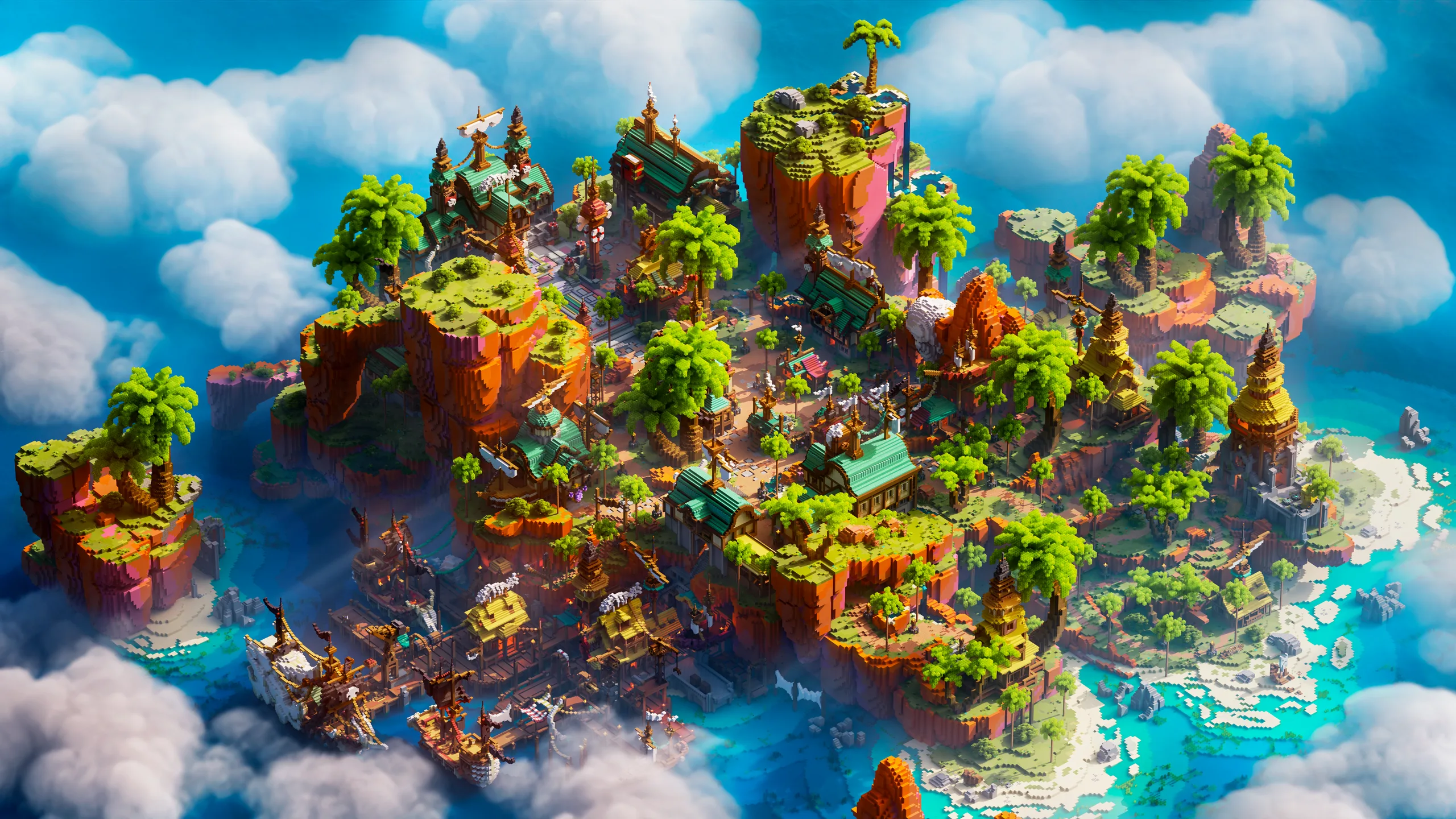 Minecraft island build with steep red cliffs, lush green terraces, palm trees, and clustered village structures around a central peak, surrounded by bright blue water and clouds.