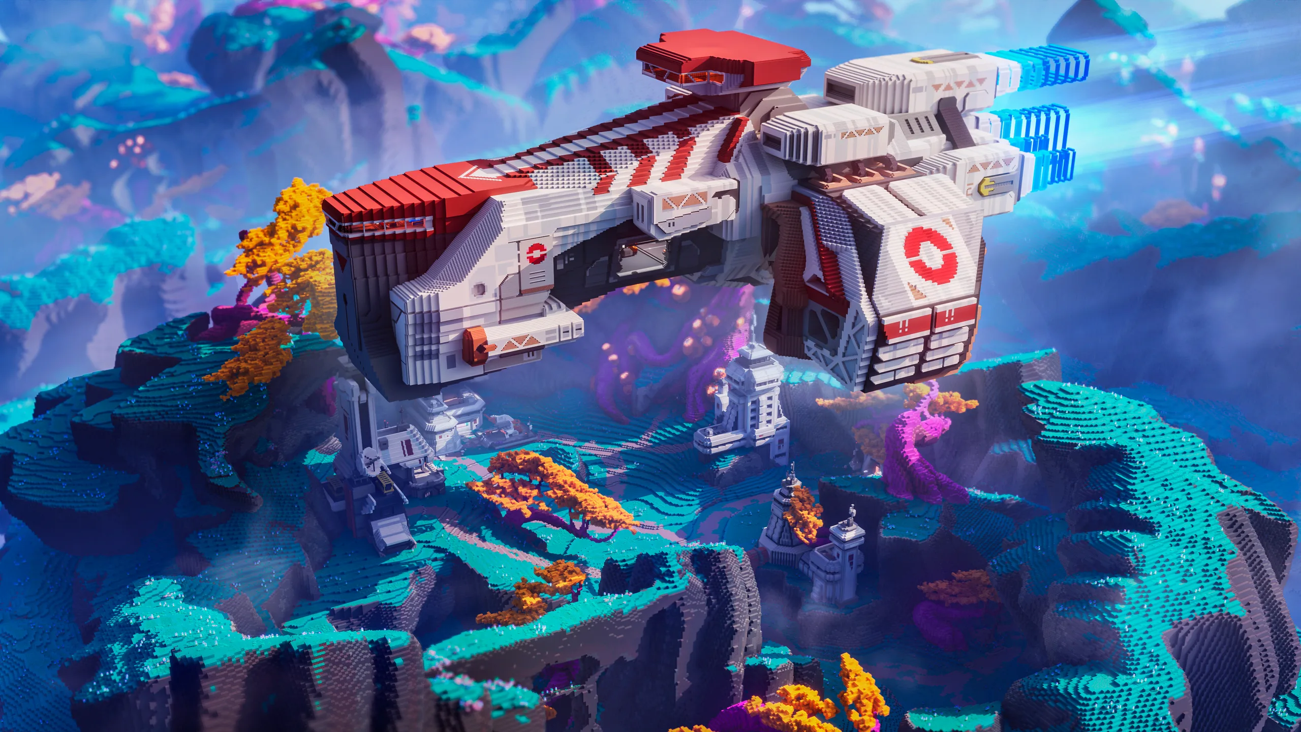 Minecraft build of a huge white and red spaceship hovering above a turquoise canyon, with orange trees and small towers below against a cloudy blue sky.