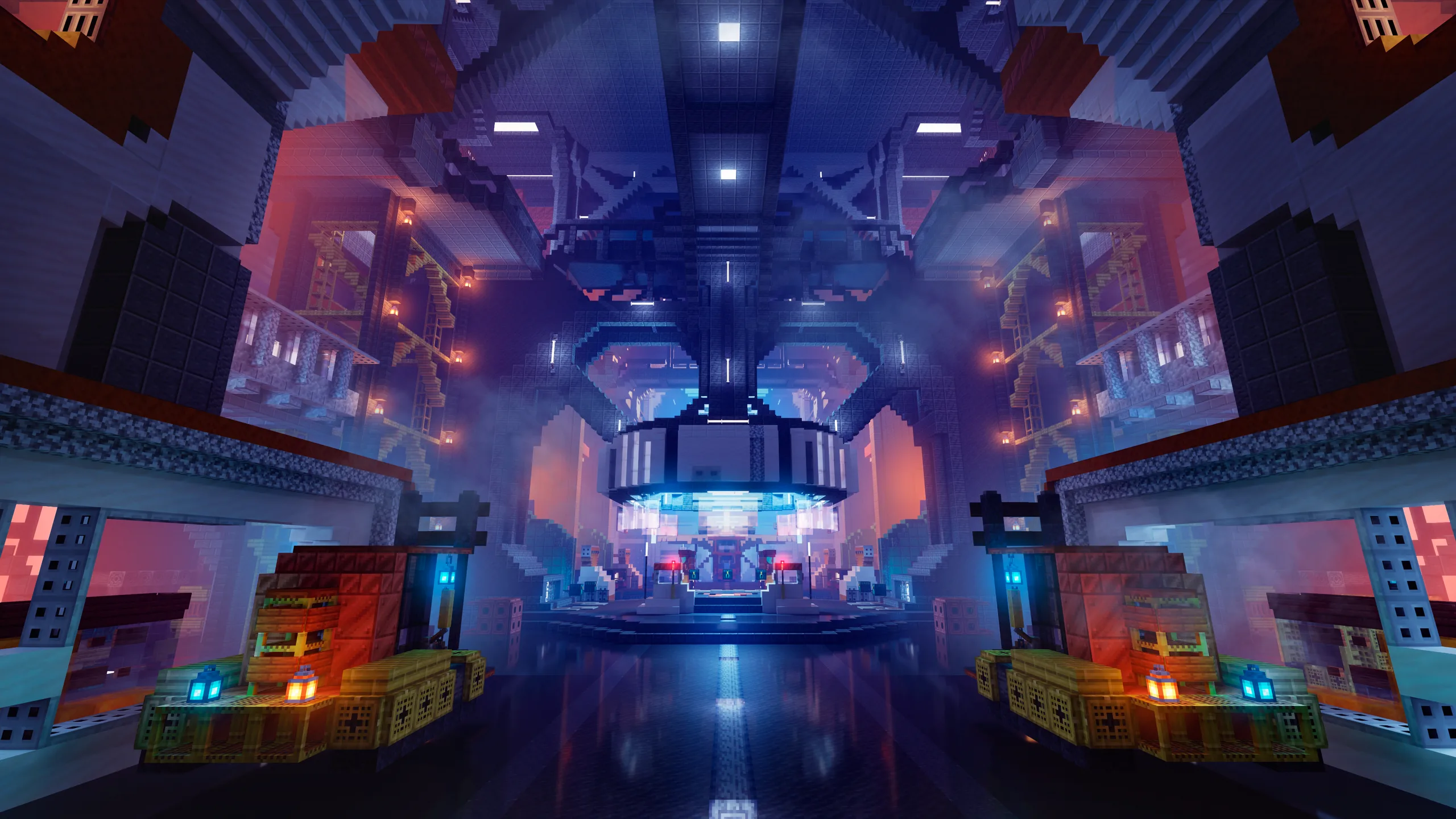 Minecraft sci-fi hall with a glowing blue central platform, tall mirrored walls, and orange-lit side bays. The scene is symmetrical over a reflective dark floor with purple and cyan lighting.
