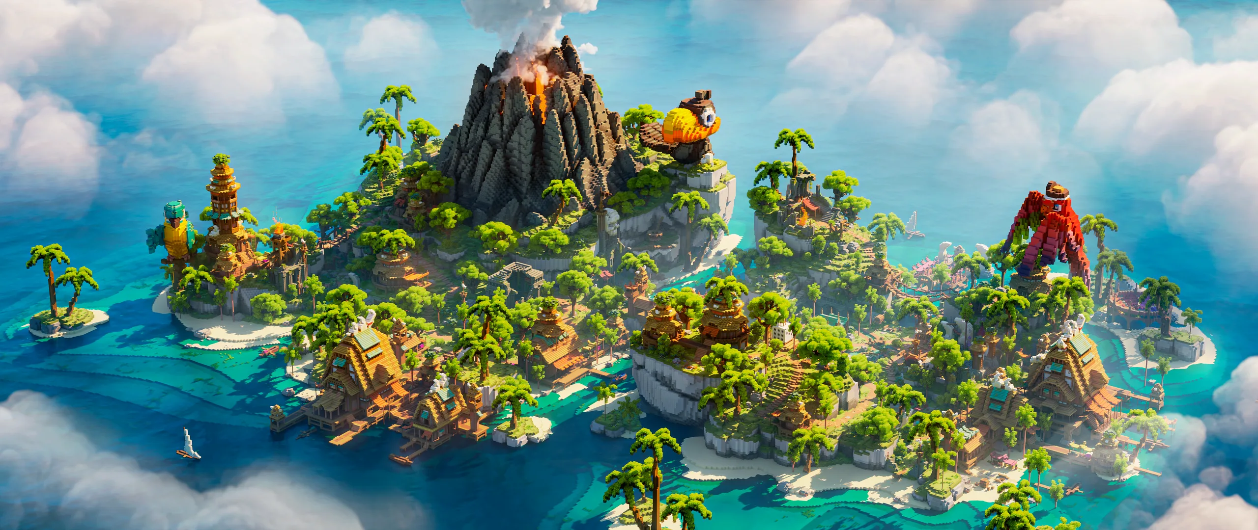 Minecraft panorama of lush tropical islands with steep cliffs, palm trees, small buildings, and a tall central volcano under bright clouds, in vivid green, blue, and orange tones.