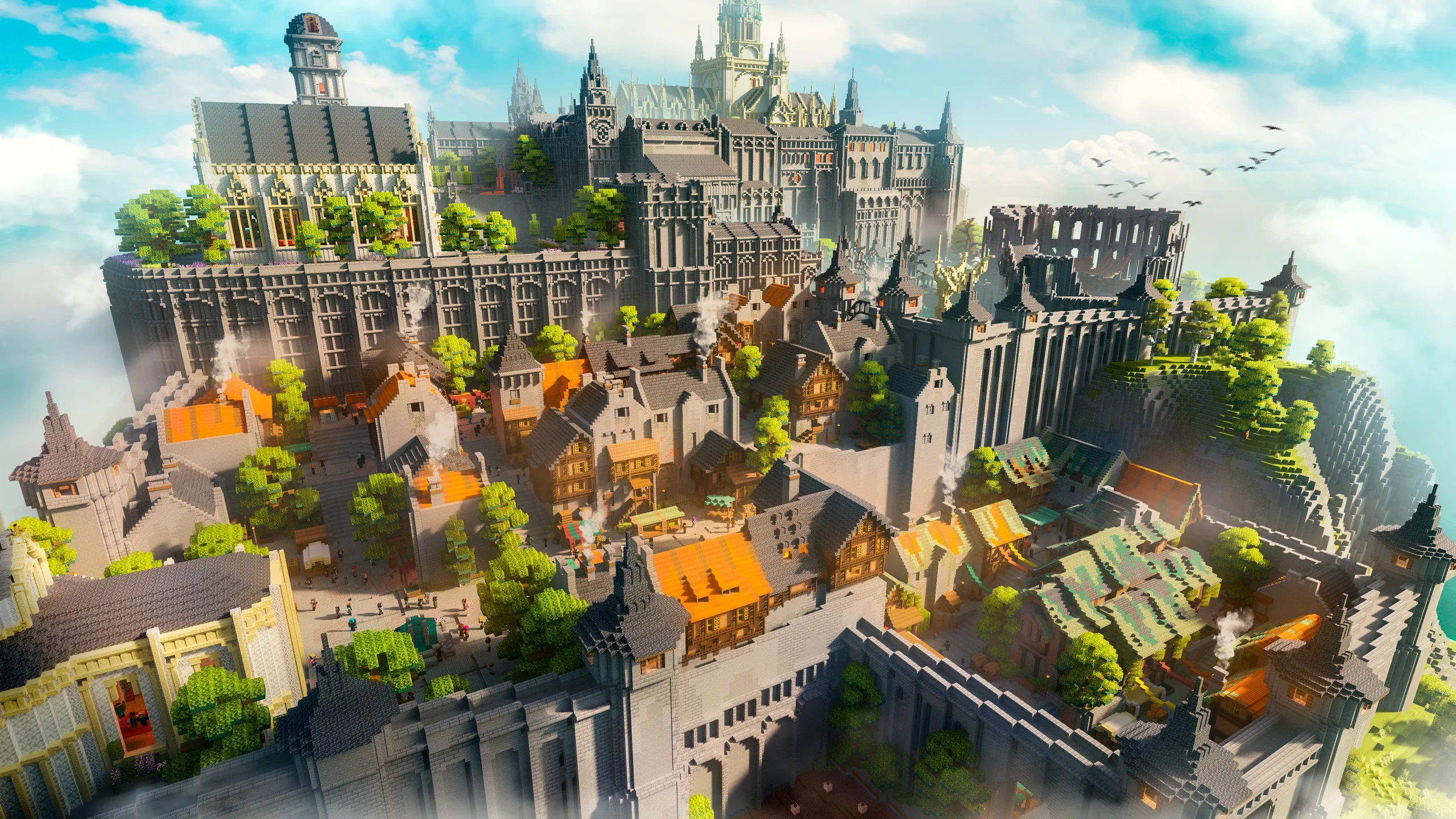 Minecraft build of a huge hilltop castle above a clustered village, with tall walls, towers and spires in gray stone. Orange and gray roofs, green trees, and a bright sky frame the layered terrain.