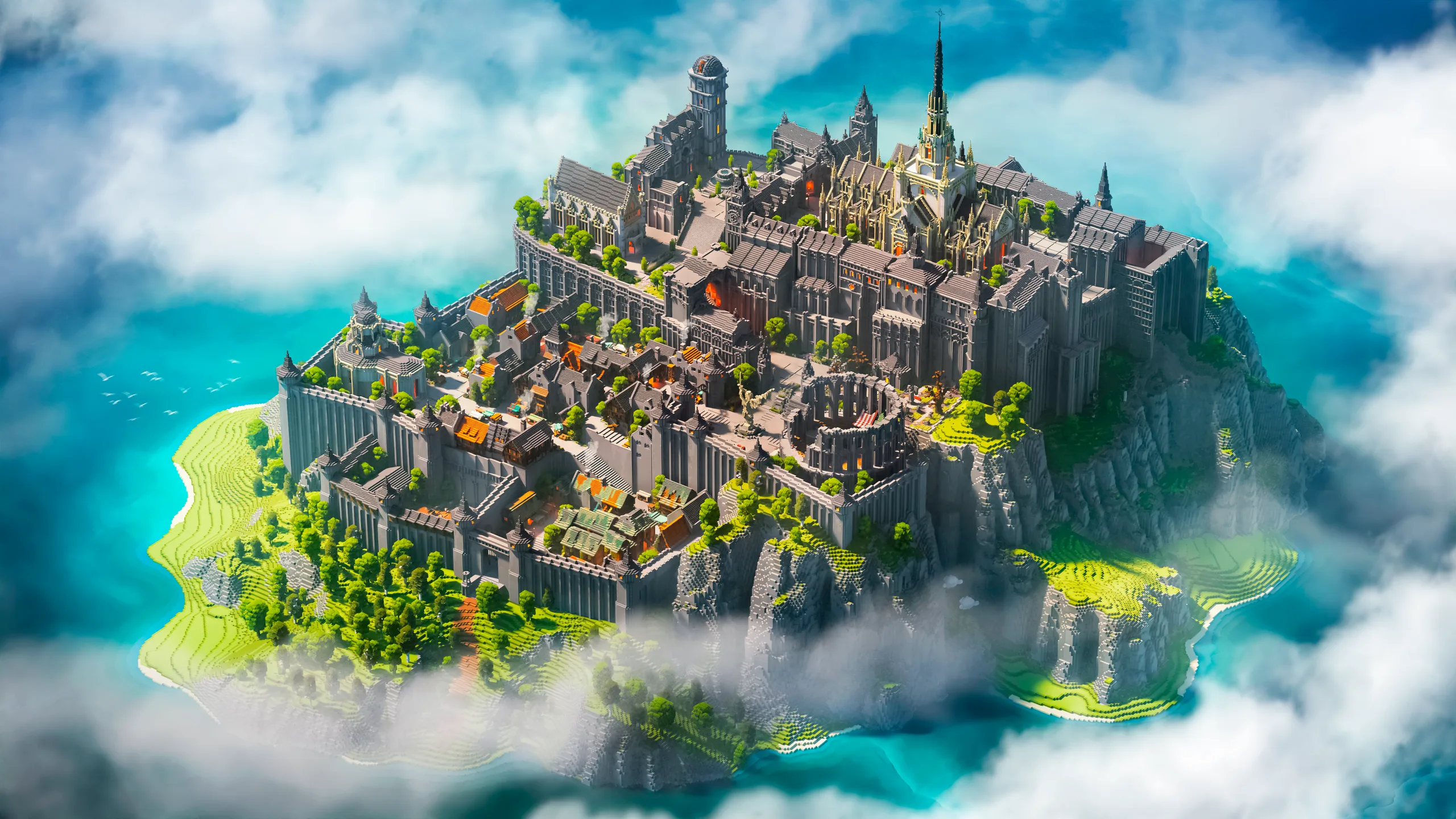 Minecraft floating island city of stone towers and walls, packed with rooftops and greenery, rising above bright turquoise water and drifting clouds.