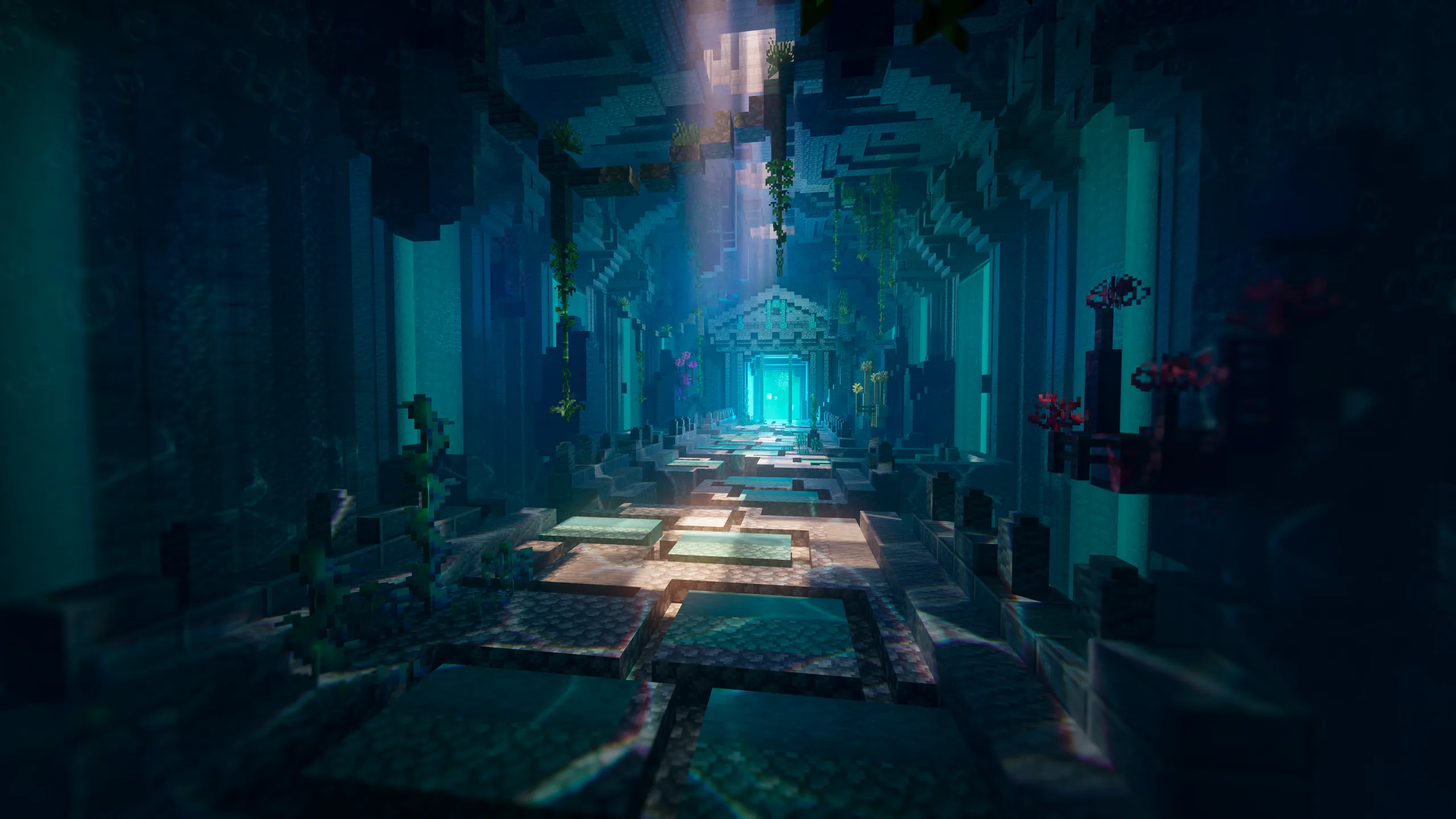 Minecraft screenshot of a long, symmetrical stone corridor with glowing cyan light at the far end, framed by tall pillars, teal shadows, and a bright shaft from above.