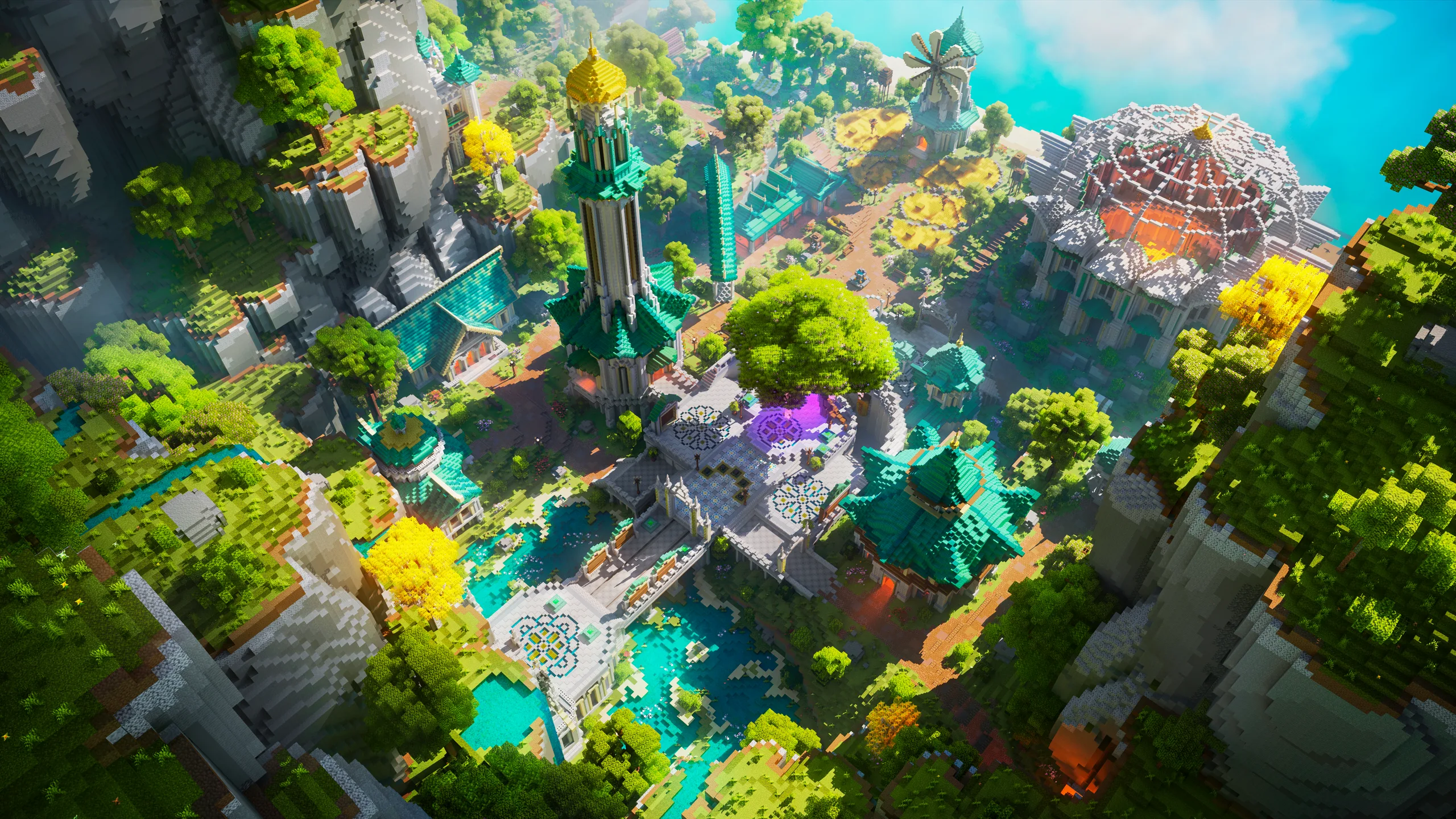 Minecraft build of a lush cliffside city with teal towers, waterfalls, and bright green trees, viewed over a turquoise bay with a large dome on the right.