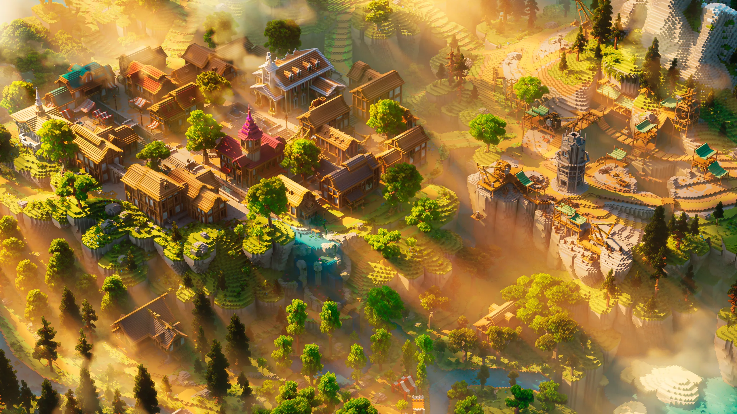Minecraft aerial view of a sunlit cliffside village with clustered wooden buildings, winding paths, and tall trees. Warm golden light, pink accents, and a small waterfall overlook a misty valley and rocky terraces.
