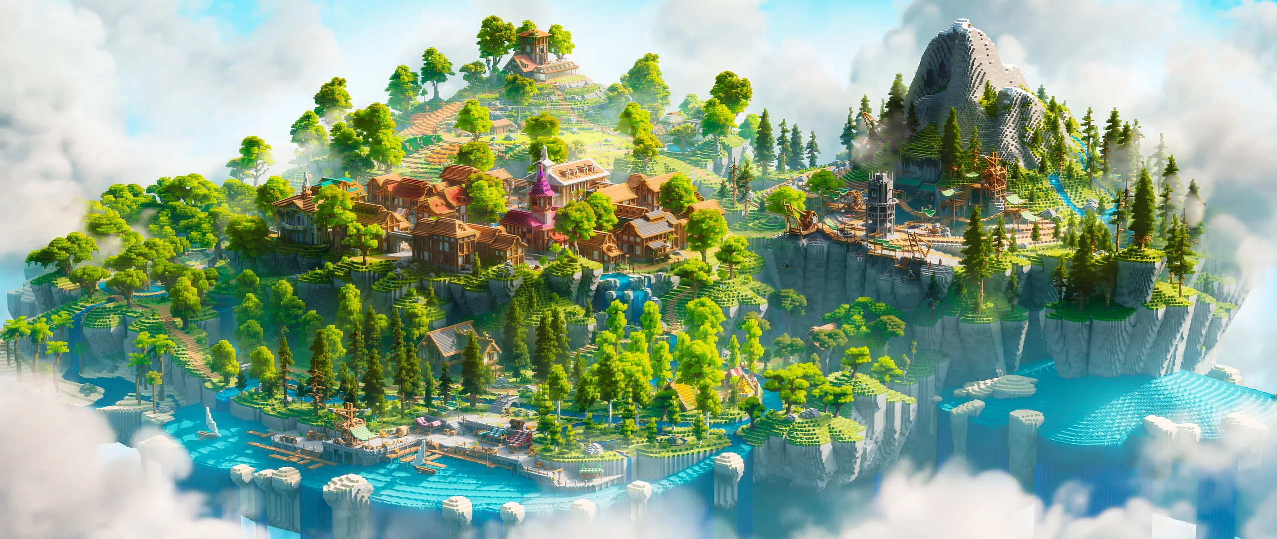 Minecraft landscape of a floating jungle island with clustered houses, tall trees, waterfalls and cliffs above bright blue water, framed by clouds.